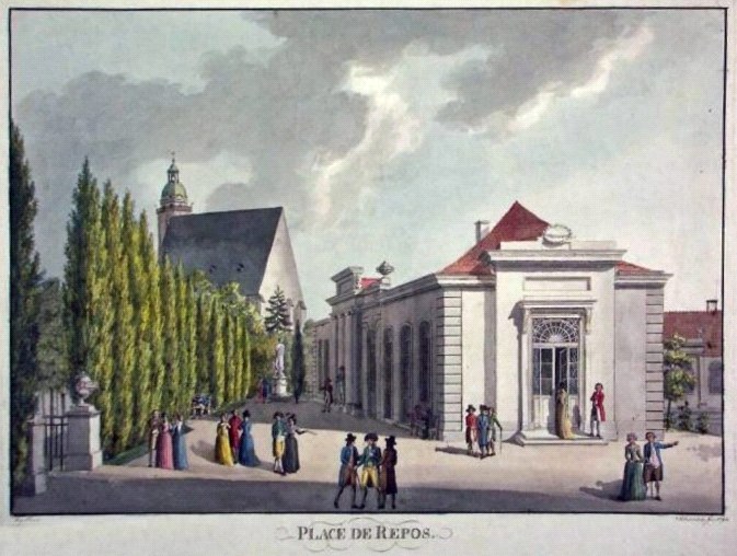 Kolorierte historische Ansicht des Gesellschaftshauses Place de Repos mit Spaziergängern in der Kleidung des späten 18. Jahrhunderts