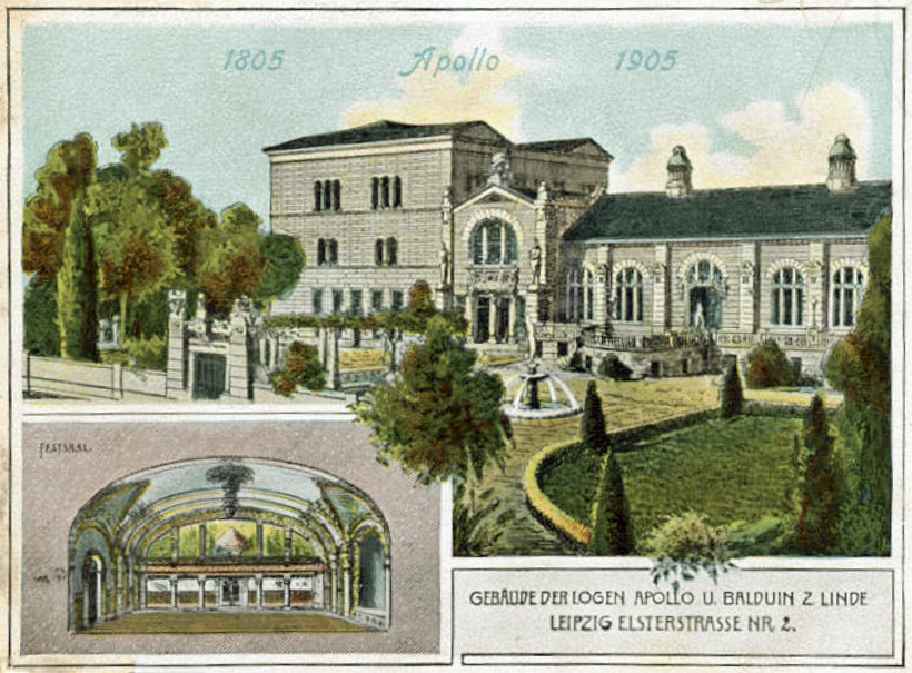 Historische Postkarte des Gebäudes der Logen Apollo und Balduin zur Linde in der Elsterstraße 2