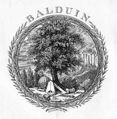 Historische Vignette der Loge Balduin zur Linde mit einer Linde und freimaurerischen Werkzeugen
